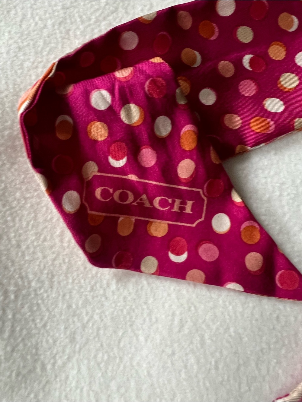 Coach Silk Polka Dot Twilly in Hot Pink with Orange and Cream Accents - Picture 4 of 4